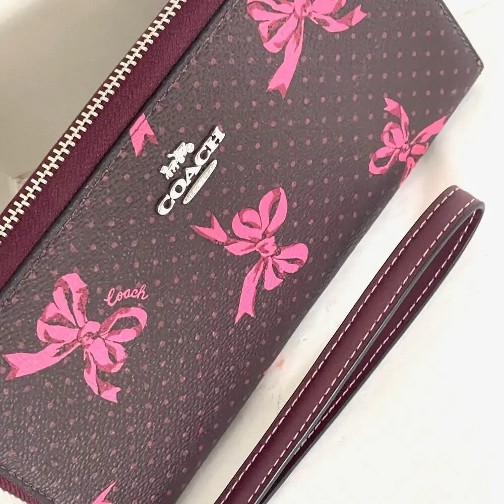 Coach CZ327 Pink Bow Long Zip Wallet Merlot Canvas Phone Wristlet
